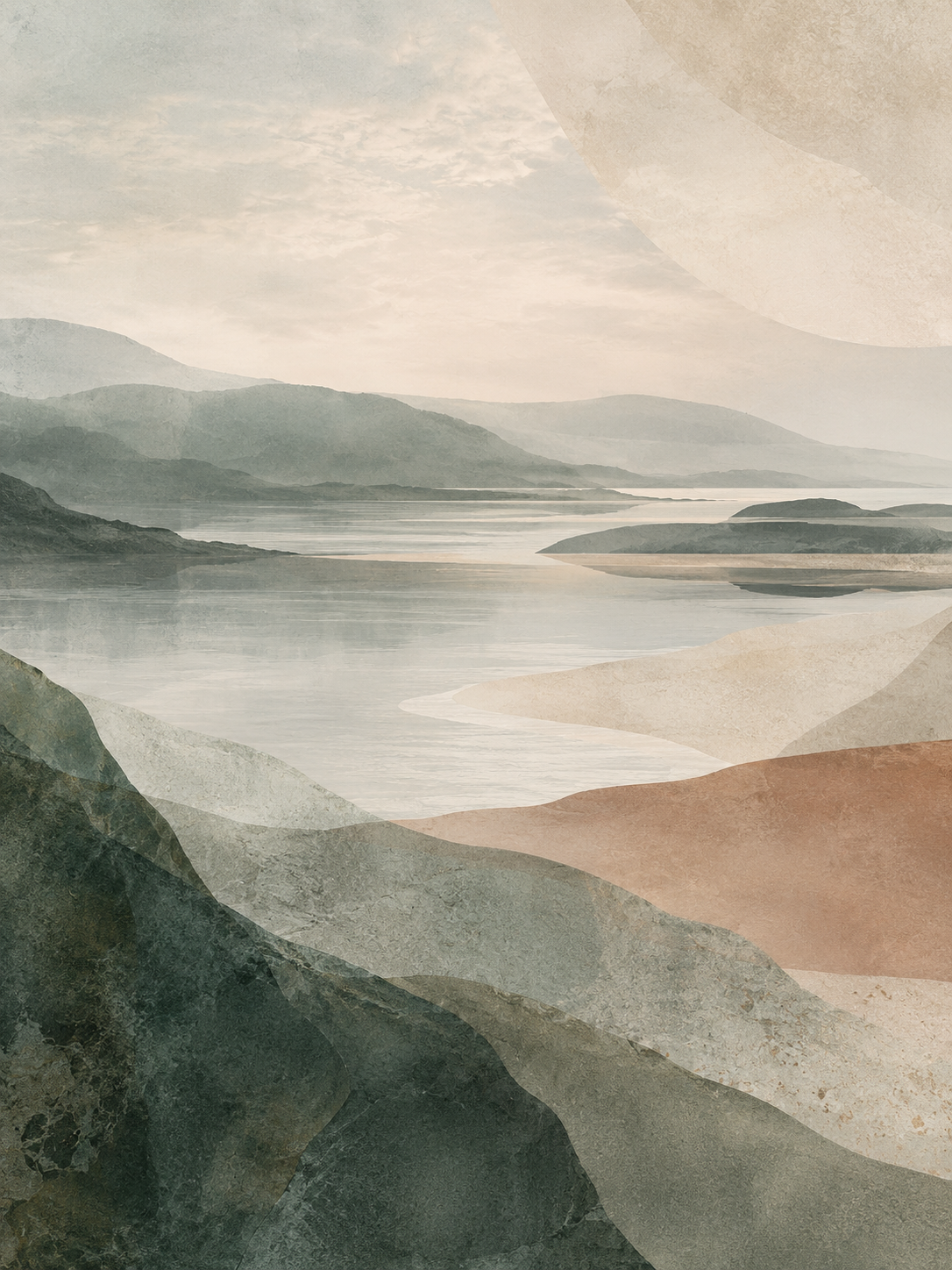 Abstract layers of coastal stone, water, and soft morning light